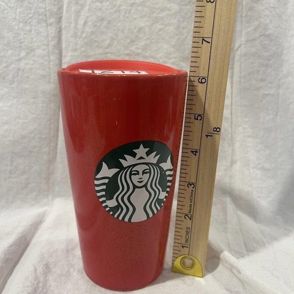 Starbucks Red Ceramic Travel Mug Tumbler 12 oz Glitter Holiday Lid Cup 6.5